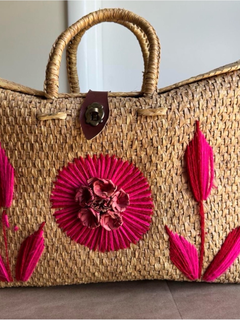 Large Woven Straw Tote with Pink Floral Embroidery